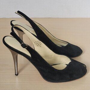 BCBGMAXAZRIA Kelly Black Metallic Leather Peep Toe Heels Size EU 39/US 8.5